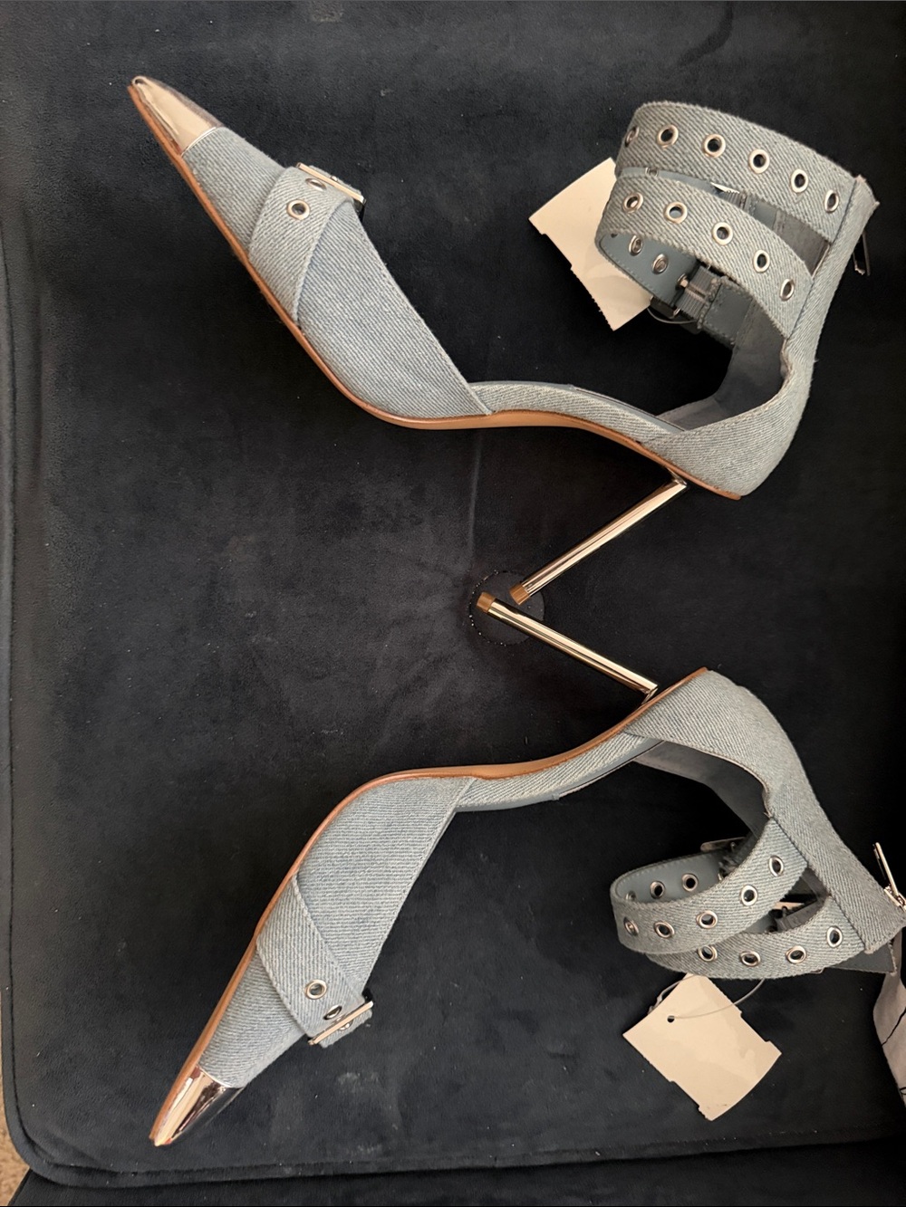 Steve Madden Gray Pointed-Toe Ankle Strap Heels with Metallic Cap